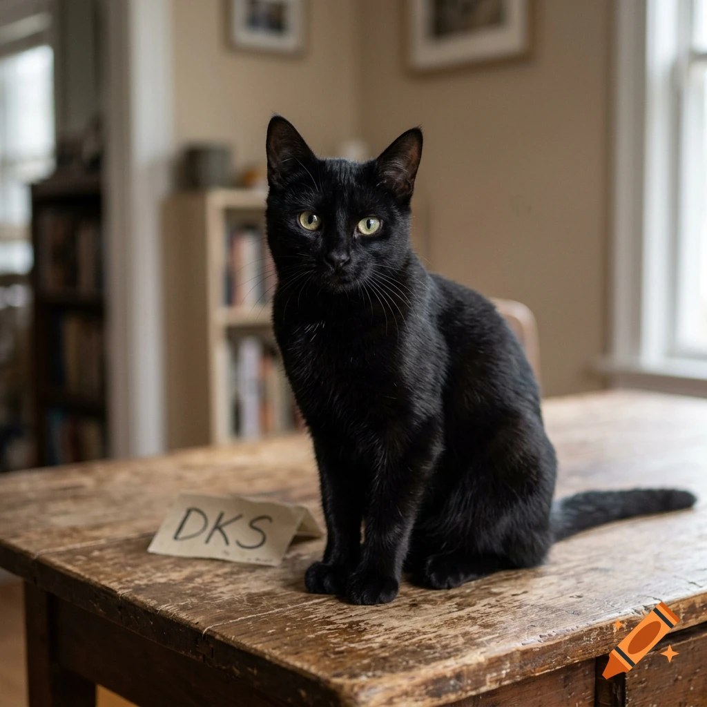 Photorealistic image of a black cat sitting on a wooden table next to a small note reading DKS.
