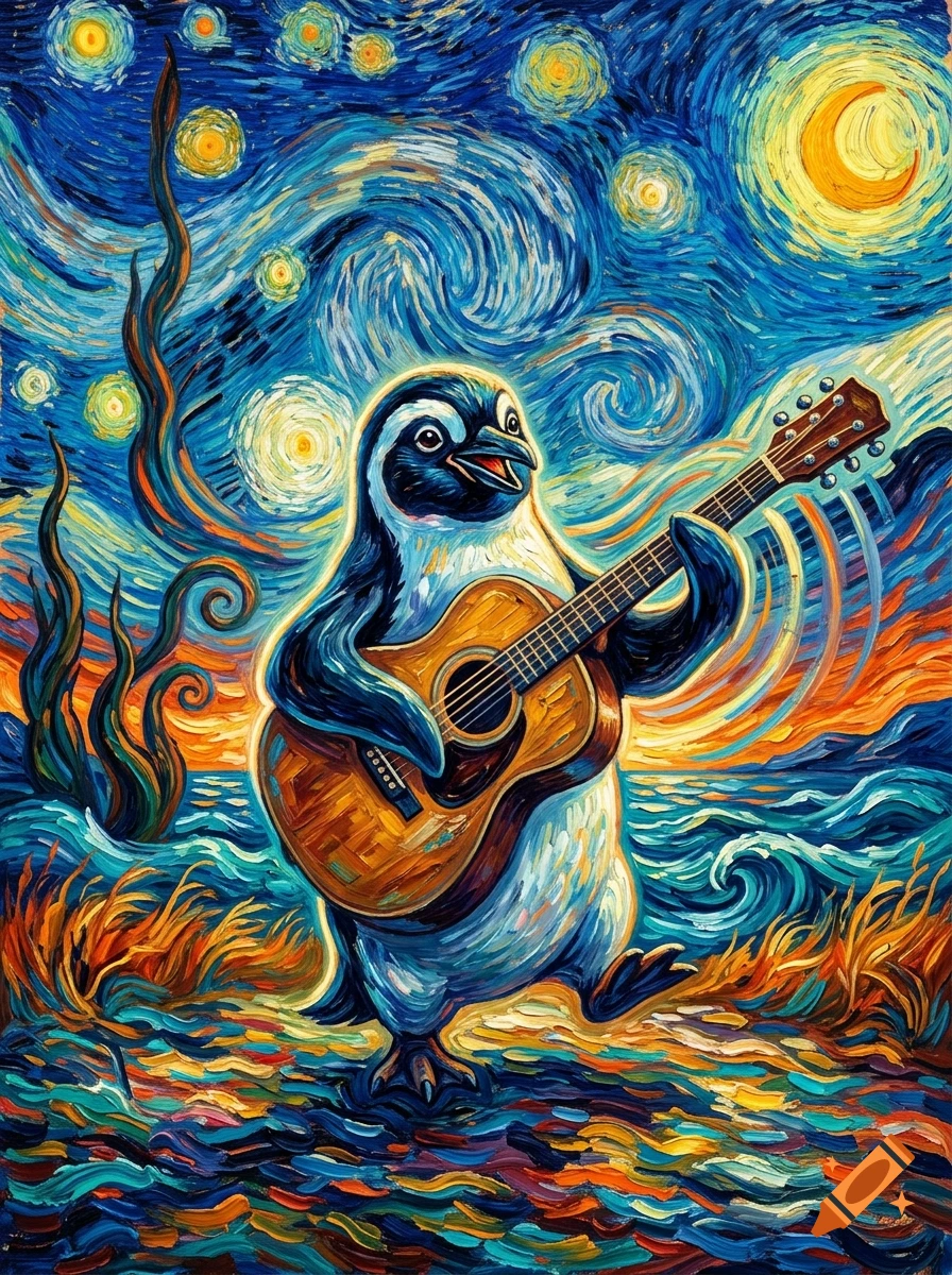 An oil painting in the style of Van Gogh featuring a penguin playing a guitar near the sea under a starry night sky.