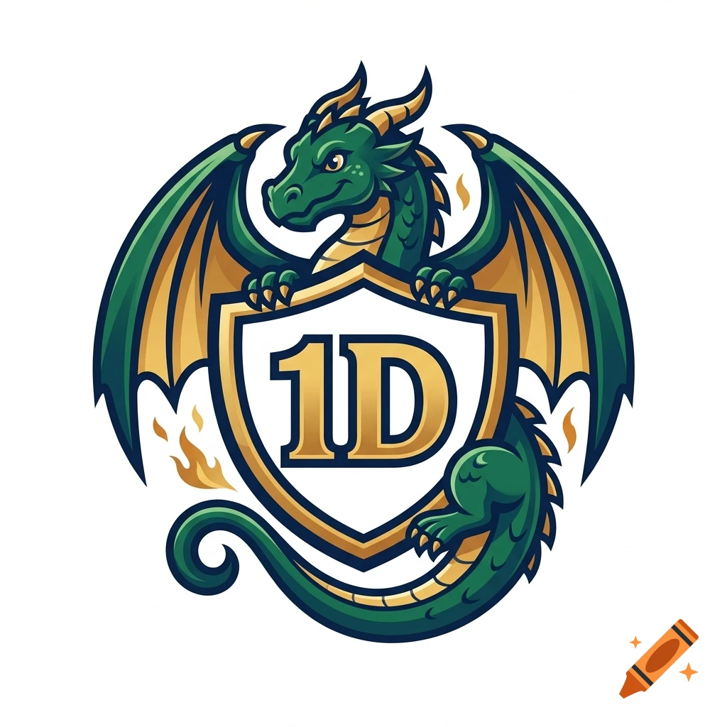 Logo of a green and gold dragon holding a shield with the text '1D' in a vector illustration style.