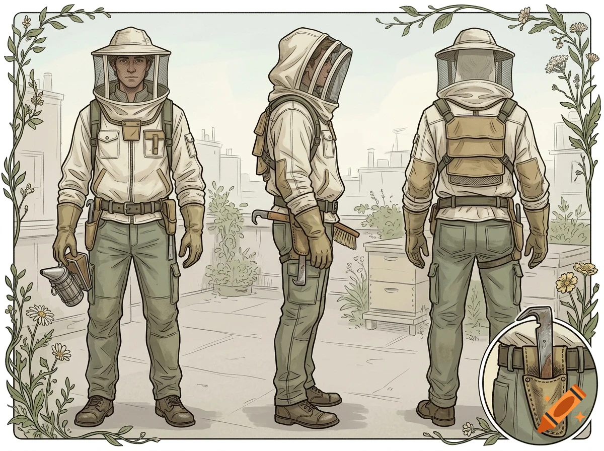 Character design sheet showing a beekeeper from multiple angles in a protective suit, with an inset detail of the belt tool.