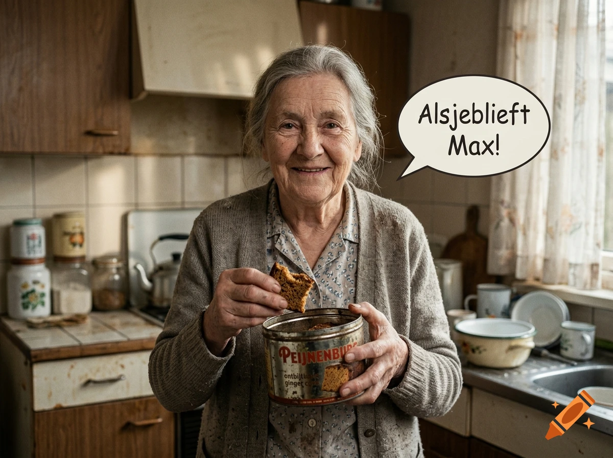 An elderly woman smiling in a kitchen, holding a piece of ginger cake and a tin can, with a speech bubble saying 'Alsjeblieft Max!'.