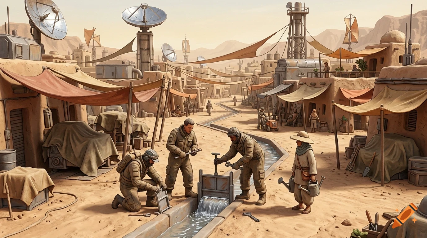 People working in a desert settlement with futuristic and industrial structures, satellite dishes, and a water channel running through the center.