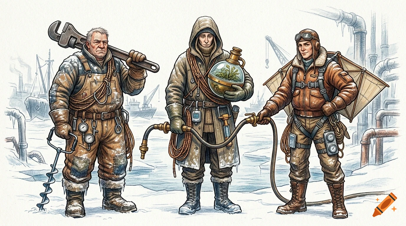 Illustration of three people in cold-weather gear holding tools and equipment in an icy industrial setting.