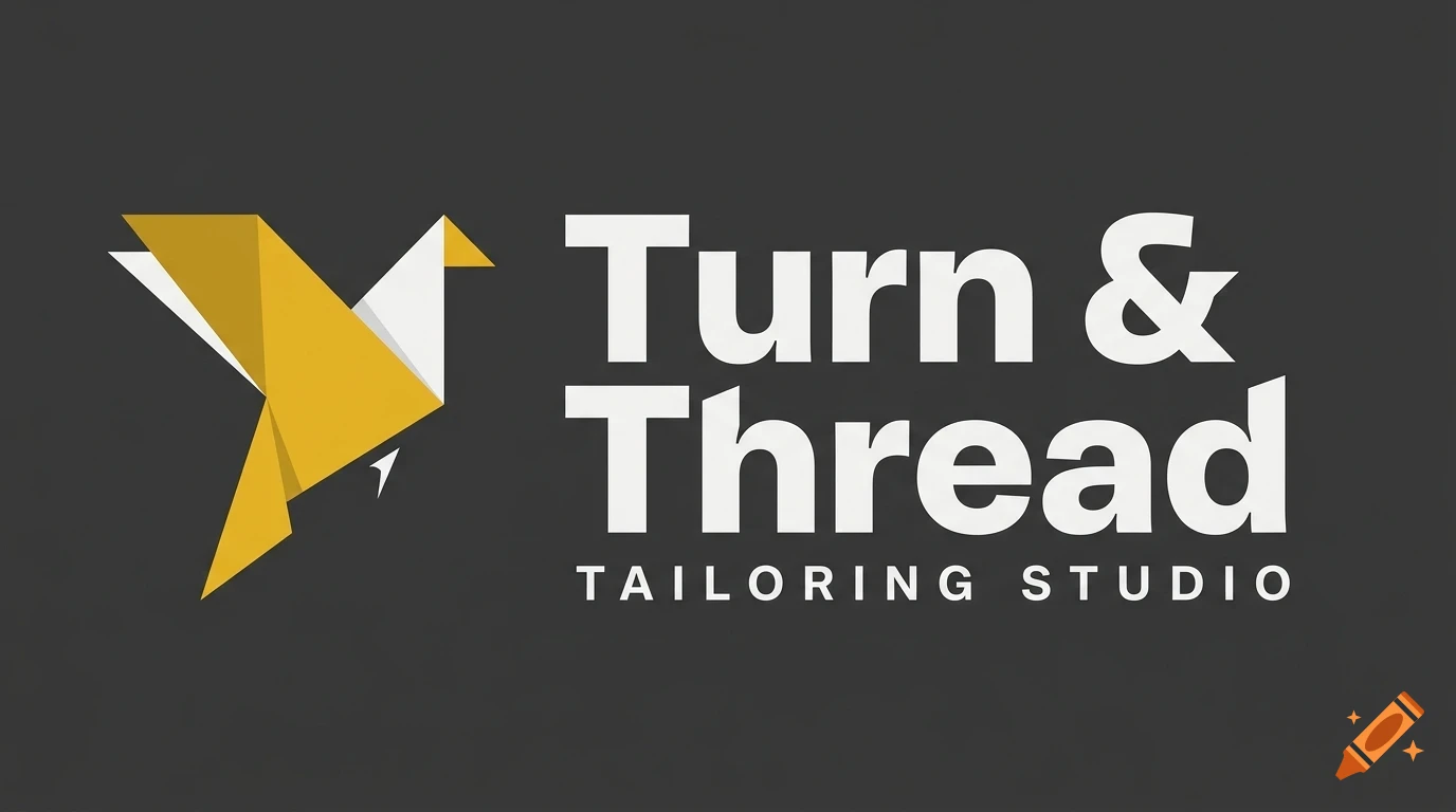A logo for Turn & Thread Tailoring Studio featuring a geometric origami bird icon next to white text on a dark gray background.