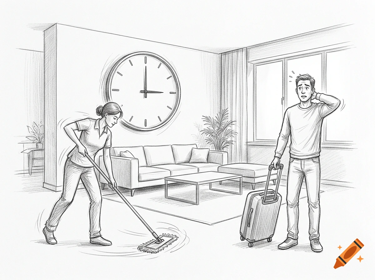 Pencil sketch of a modern living room with a woman mopping and an embarrassed man standing with a suitcase.