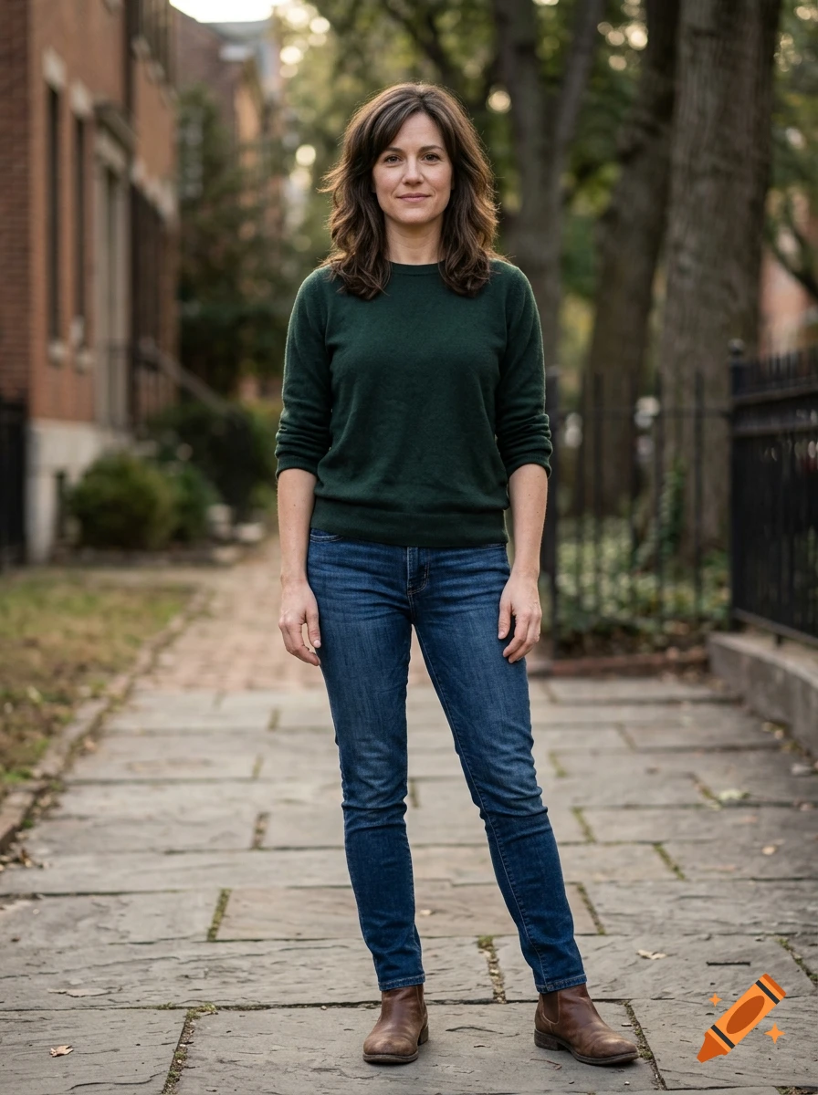 Photorealistic full-length portrait of a woman standing on a sidewalk in front of a brick building.