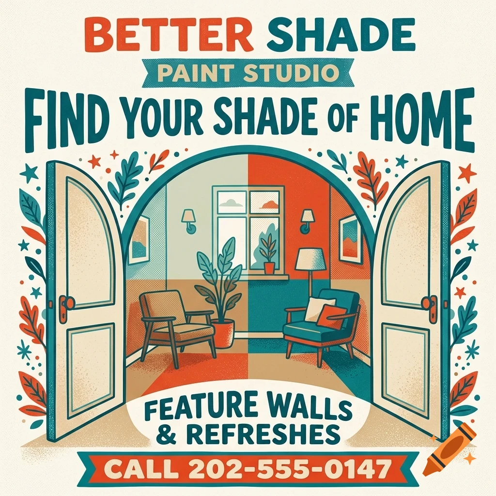 An illustrative promotional design for Better Shade Paint Studio featuring an interior room viewed through open doors, surrounded by foliage and text.