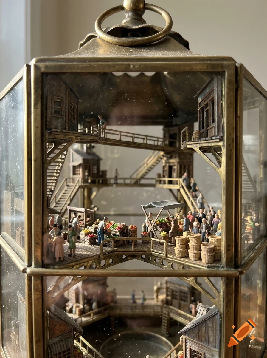 A miniature diorama of a multi-tiered marketplace inside a brass and glass lantern, featuring tiny buildings, stairways, and figures.