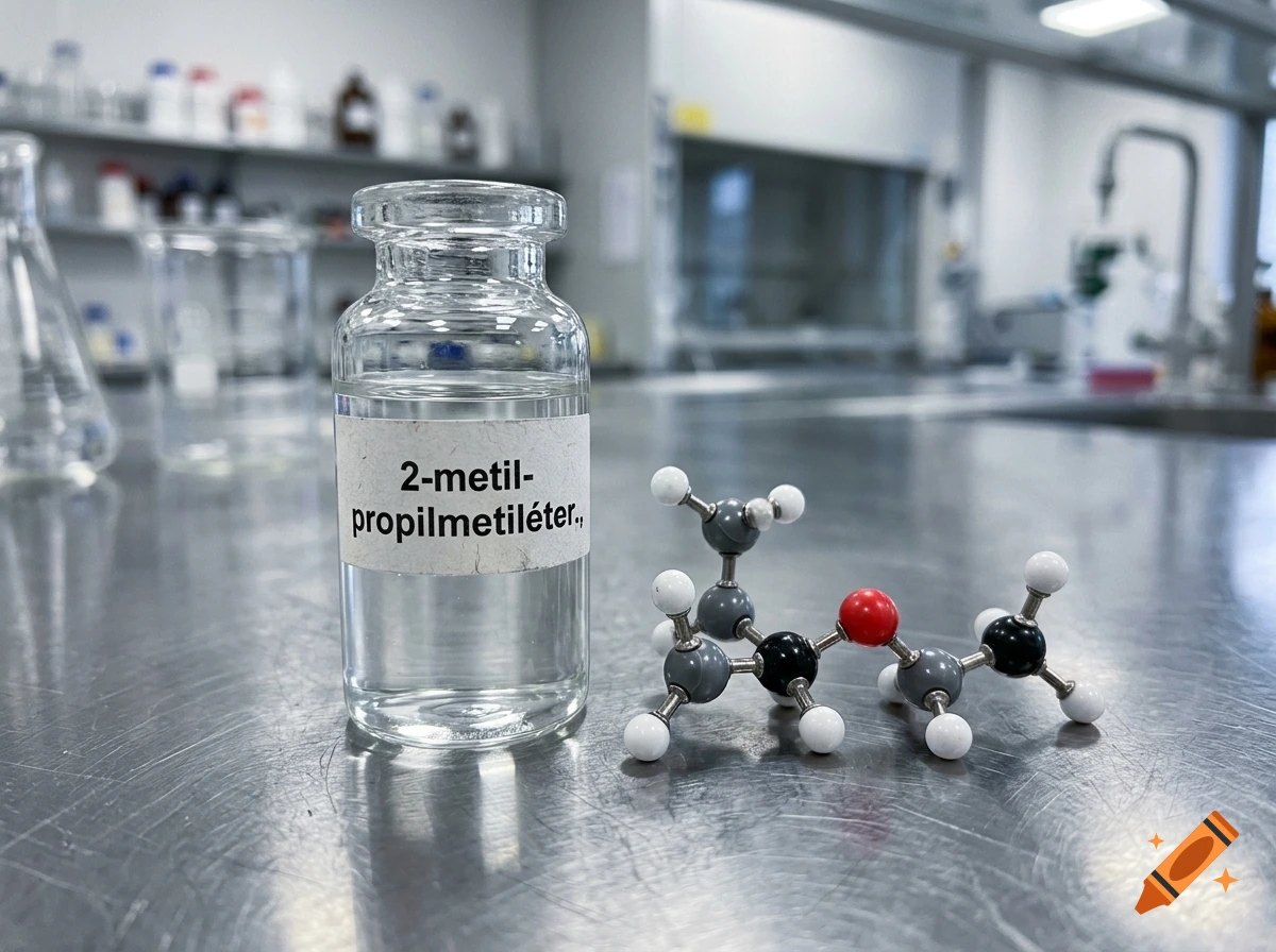 A glass vial with a chemical formula label and a molecular model on a metal lab bench.
