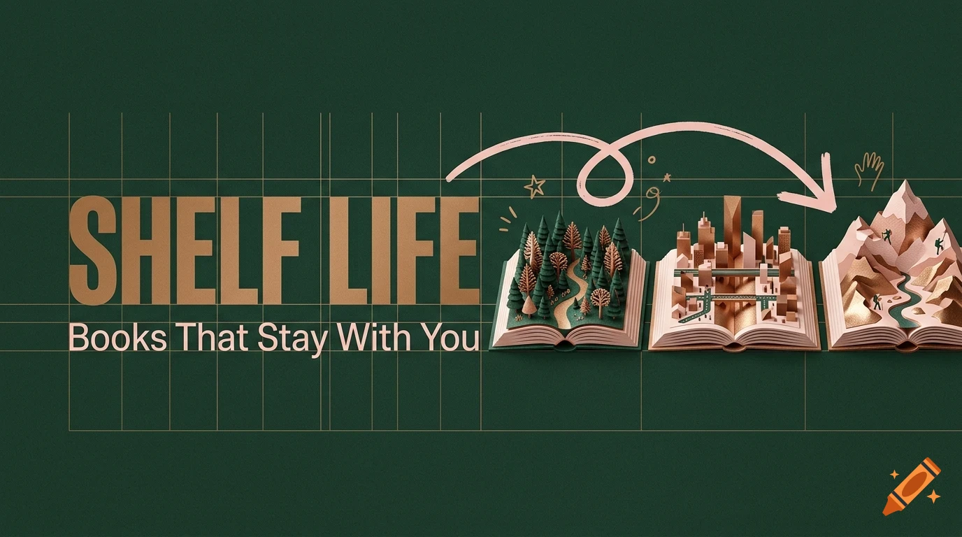 An illustration showing three open books revealing miniature landscapes inside, with the text Shelf Life Books That Stay With You.