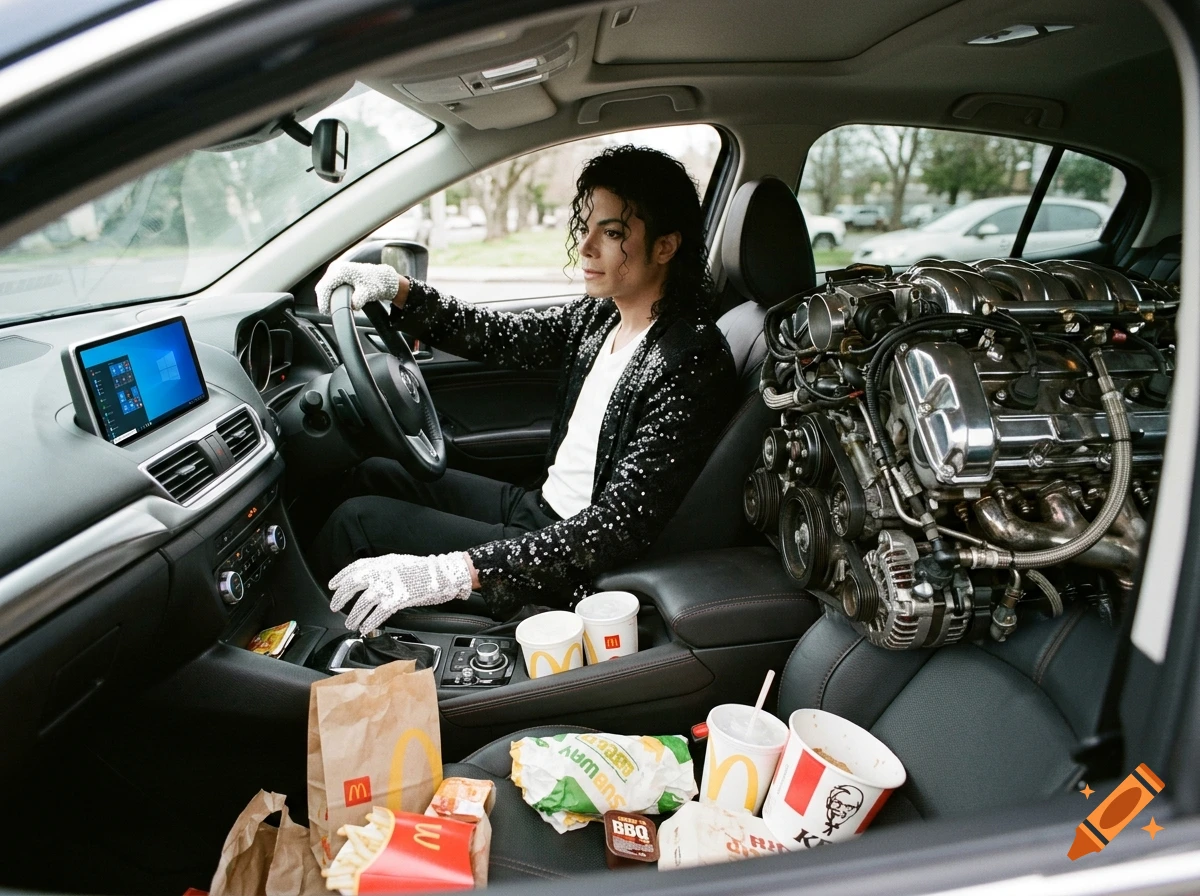 Photorealistic image of Michael Jackson wearing sequined gloves and jacket while driving a car filled with fast food and a large engine on the passenger seat.