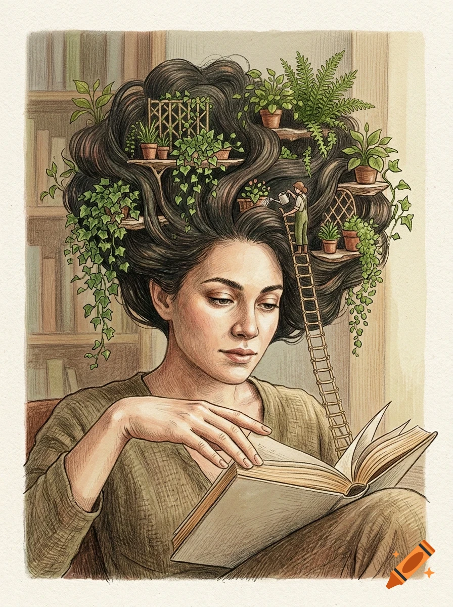 An illustrated portrait of a woman reading a book, with shelves of potted plants integrated into her voluminous dark hair.