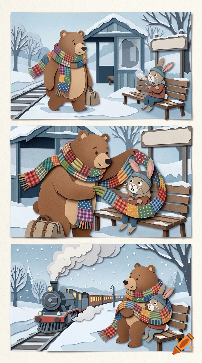 A three-panel papercraft illustration showing a bear holding a scarf and walking toward a shivering rabbit on a bench at a snowy train station, wrapping the scarf around the rabbit, and finally sitting together on the bench as a train passes.