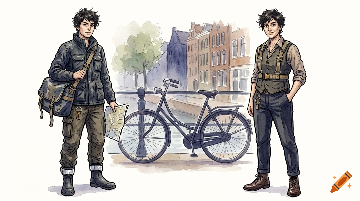 Two people standing on either side of a bicycle, with a canal and buildings in the background.