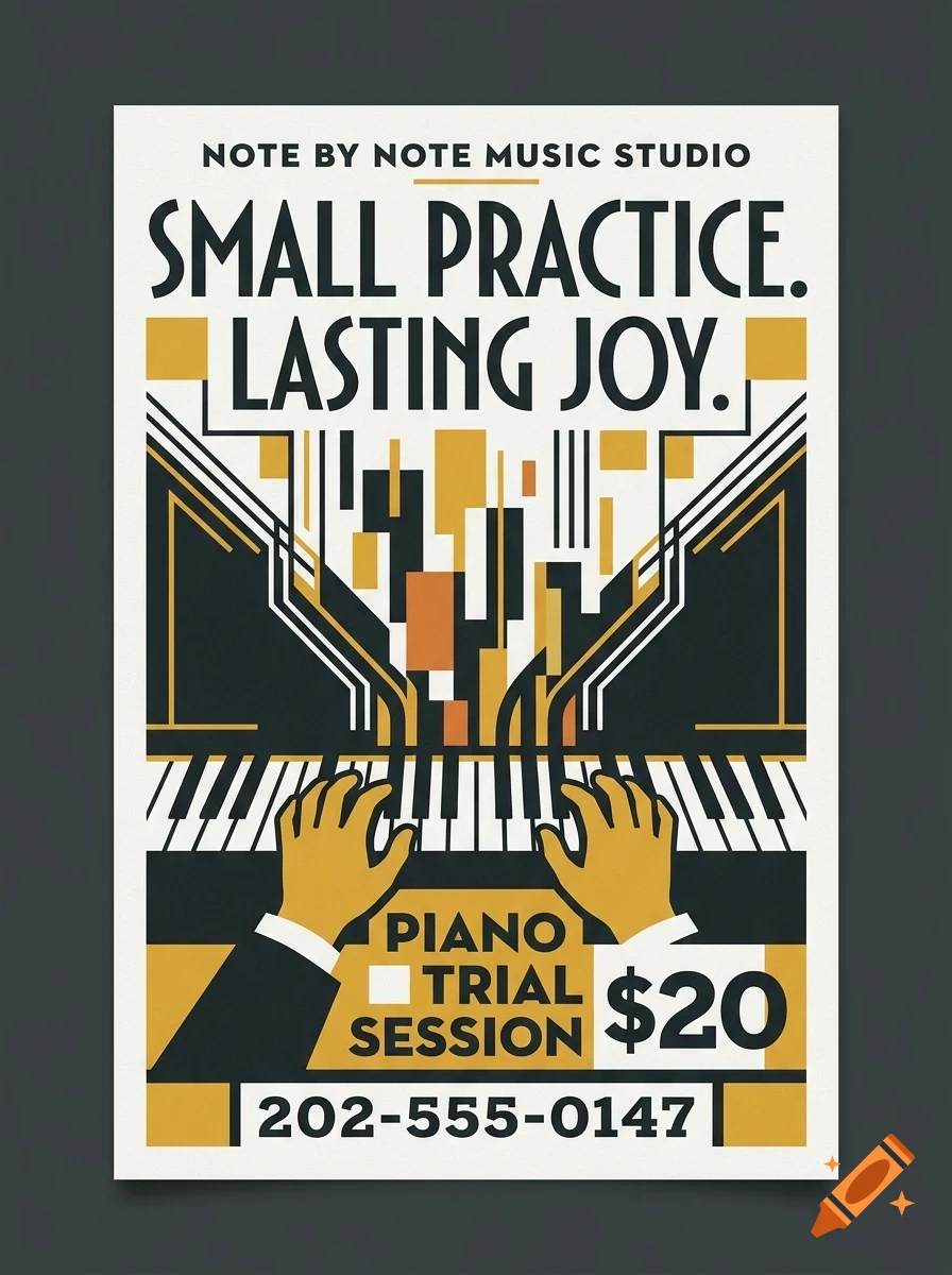 A poster for Note By Note Music Studio featuring hands playing a piano keyboard, geometric abstract elements, and text offering a piano trial session.