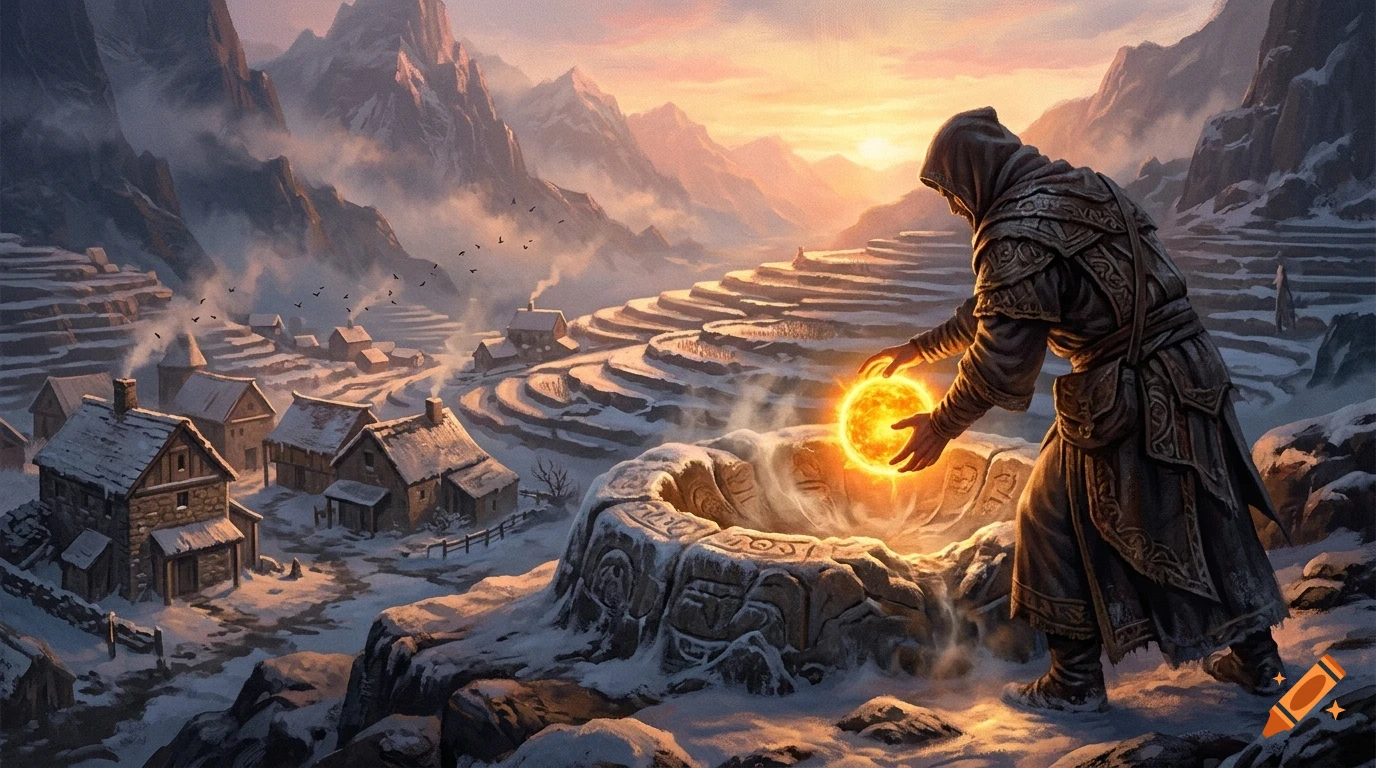 A hooded figure in a snowy mountainous landscape holds a glowing orb above a stone well near a small village.