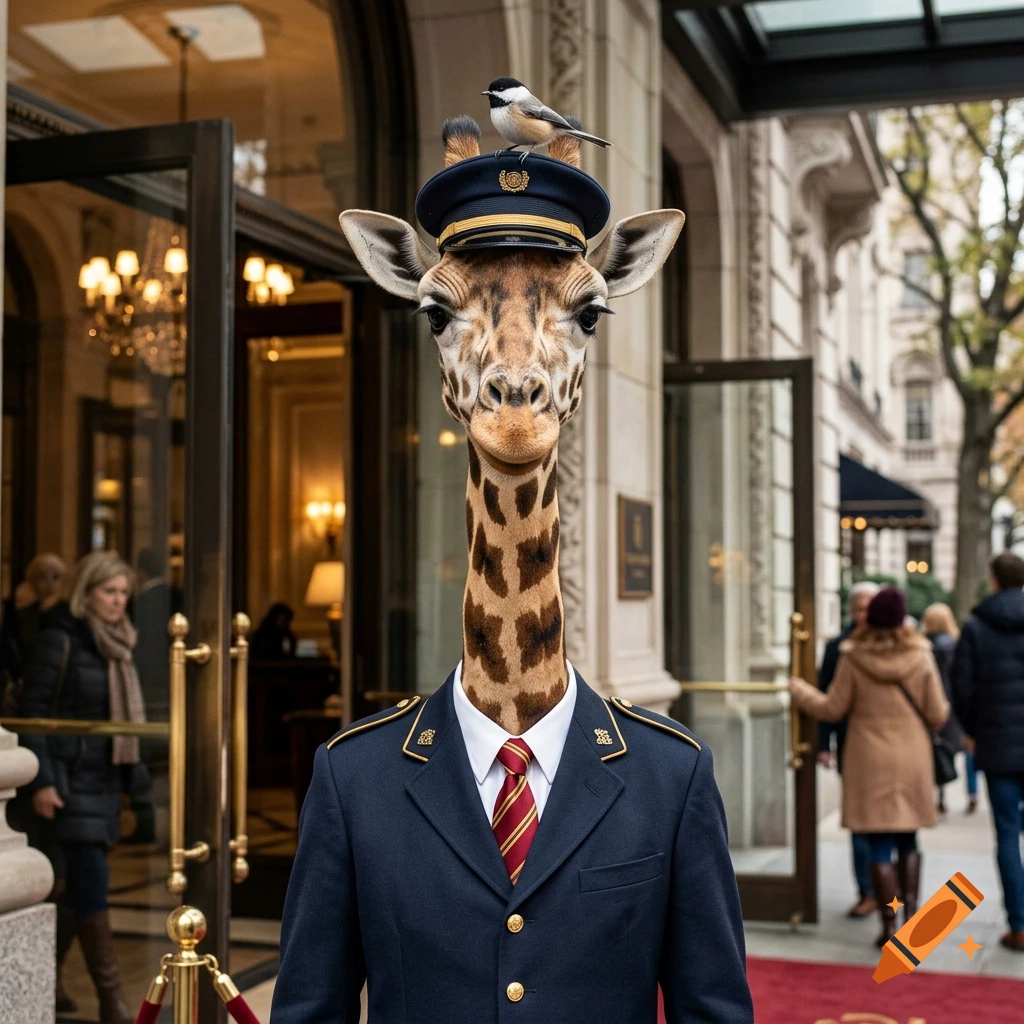 Photorealistic portrait of a giraffe in a hotel doorman uniform with a chickadee on its head, standing in front of a hotel entrance.