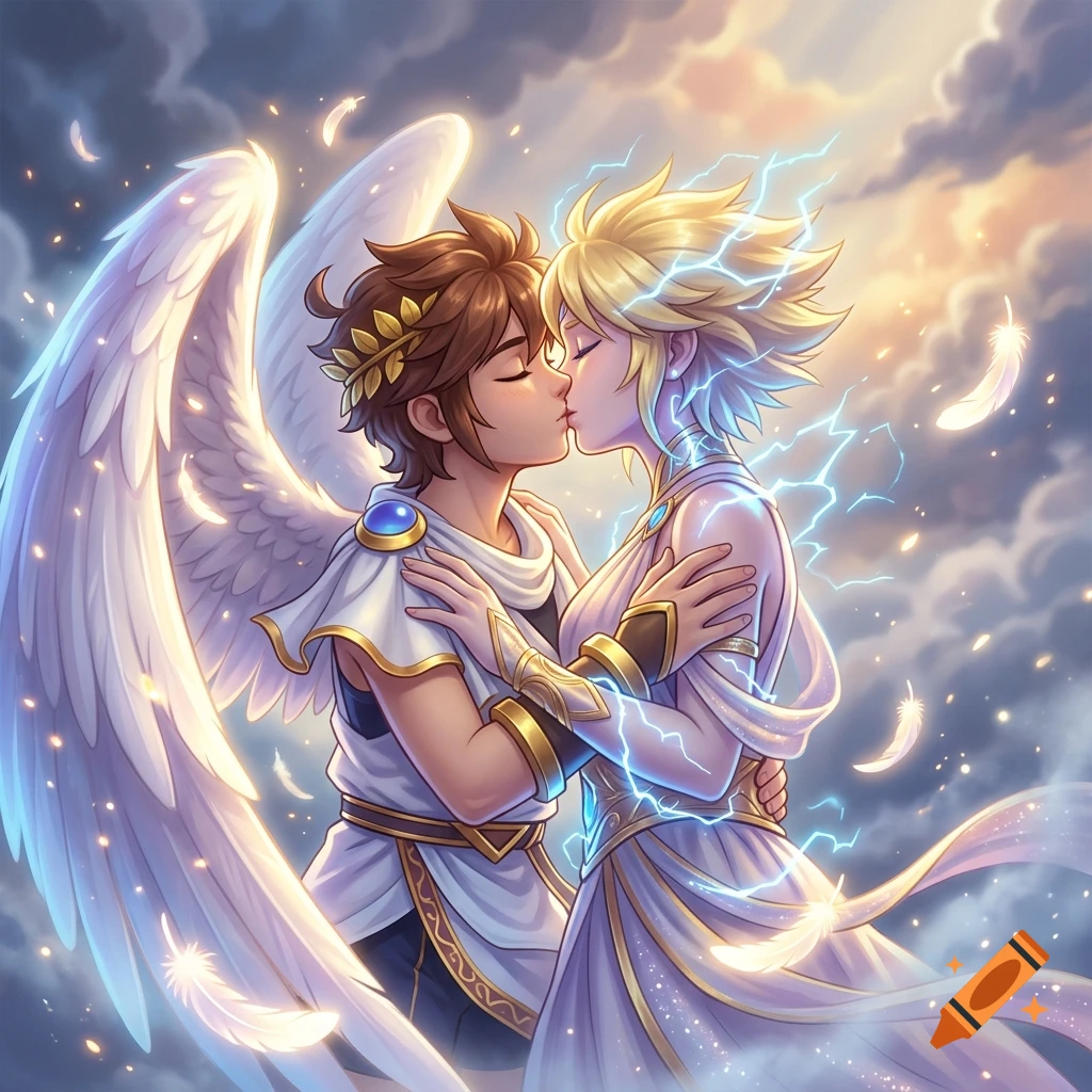Anime style illustration of Pit and Phosphora from Kid Icarus kissing amidst floating white feathers and lightning.