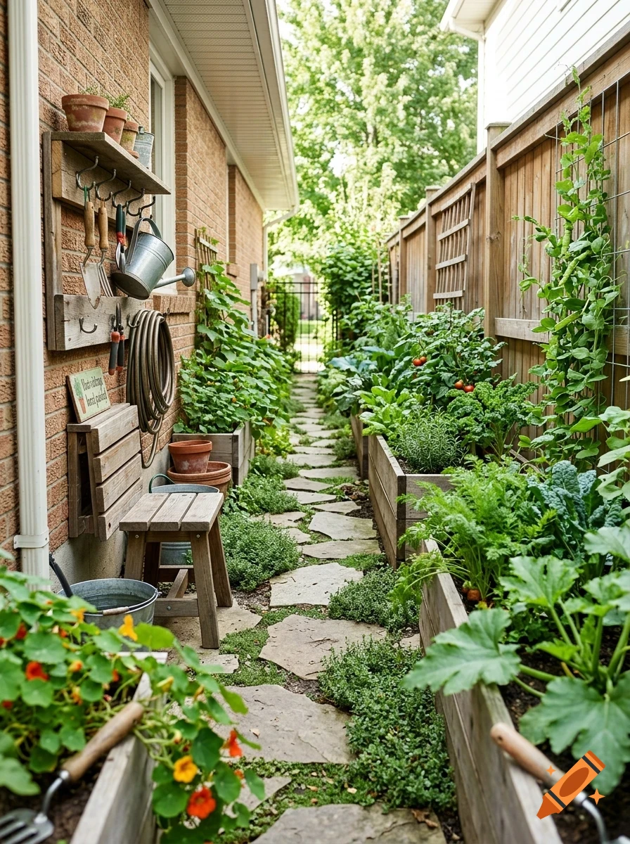 A narrow garden path between a brick house and a wooden fence, lined with raised wooden planters filled with vegetables, herbs, and climbing vines.
