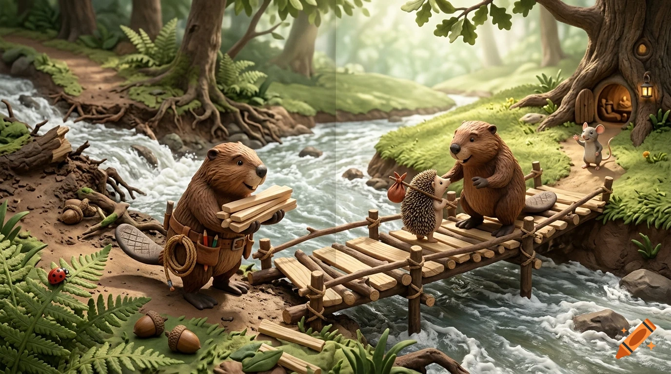 An illustrated woodland scene featuring cute anthropomorphic beavers, a hedgehog, and a small mouse near a flowing stream and a wooden bridge.