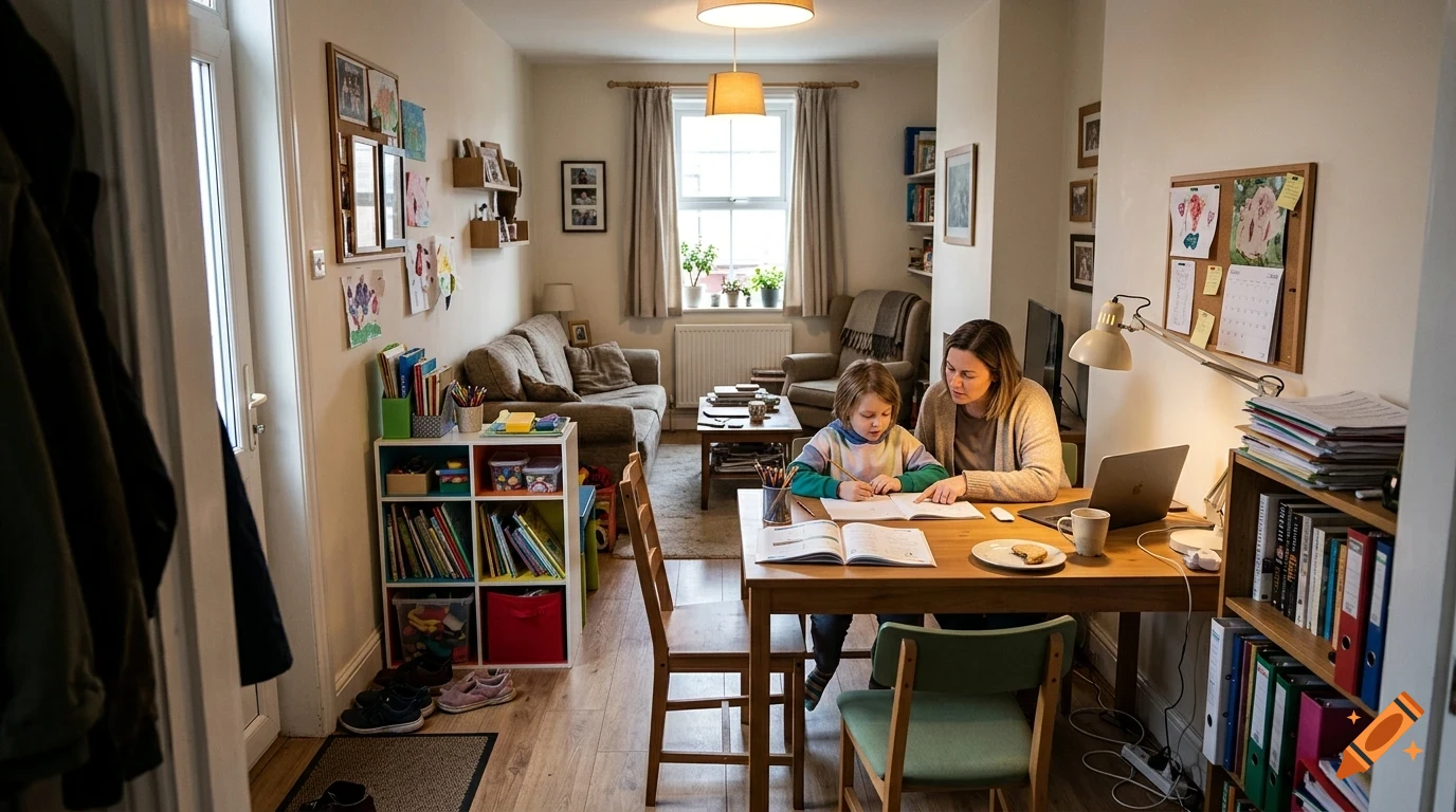 An adult and child sitting at a dining table in a cozy home interior working or doing homework together.