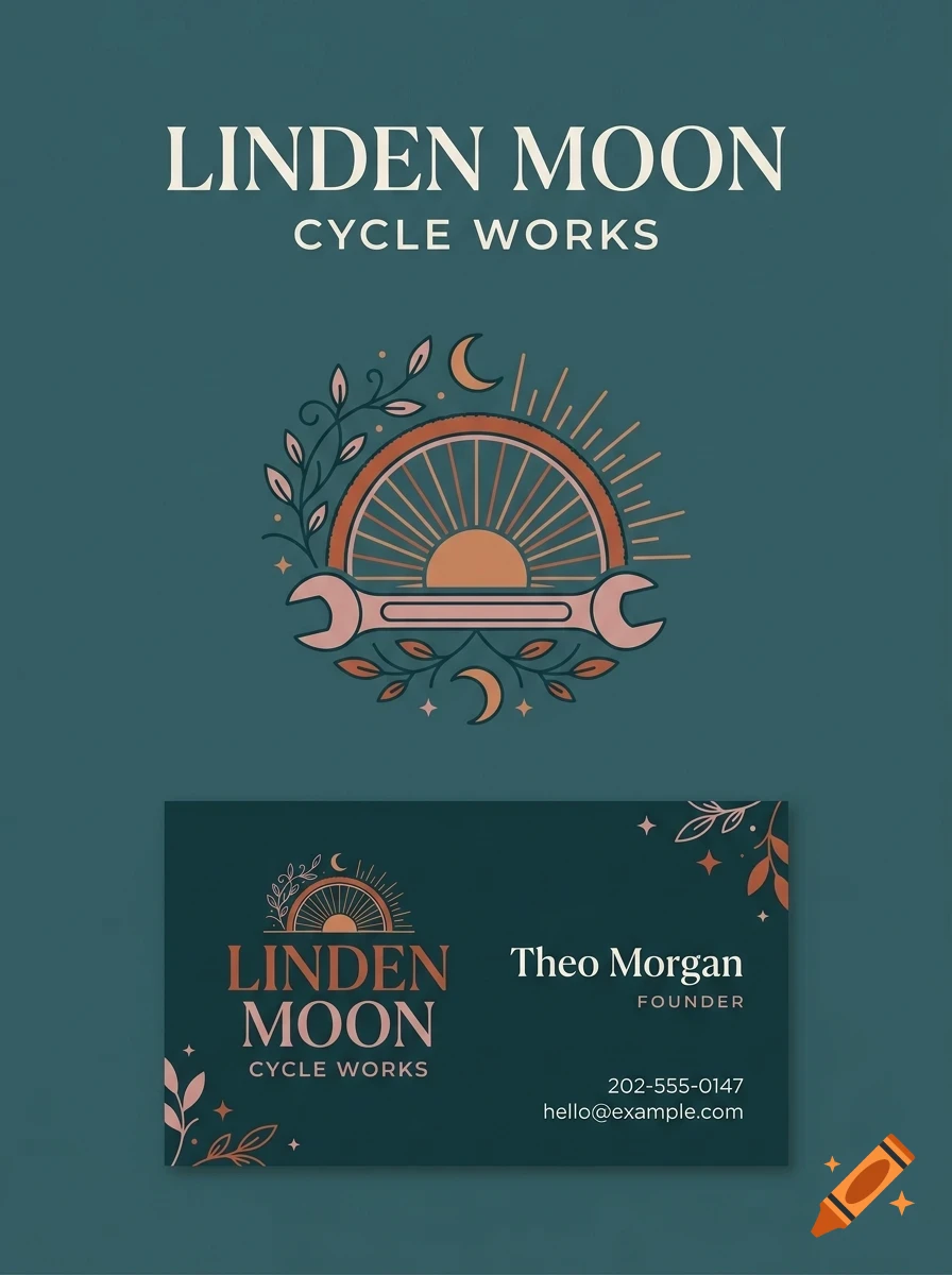 A branding design featuring a logo with a bicycle wheel, wrench, and crescent moon, shown on a poster and business card.