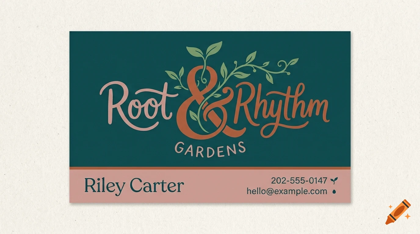A business card with teal and pink sections featuring the text Root & Rhythm Gardens, Riley Carter, and contact details.