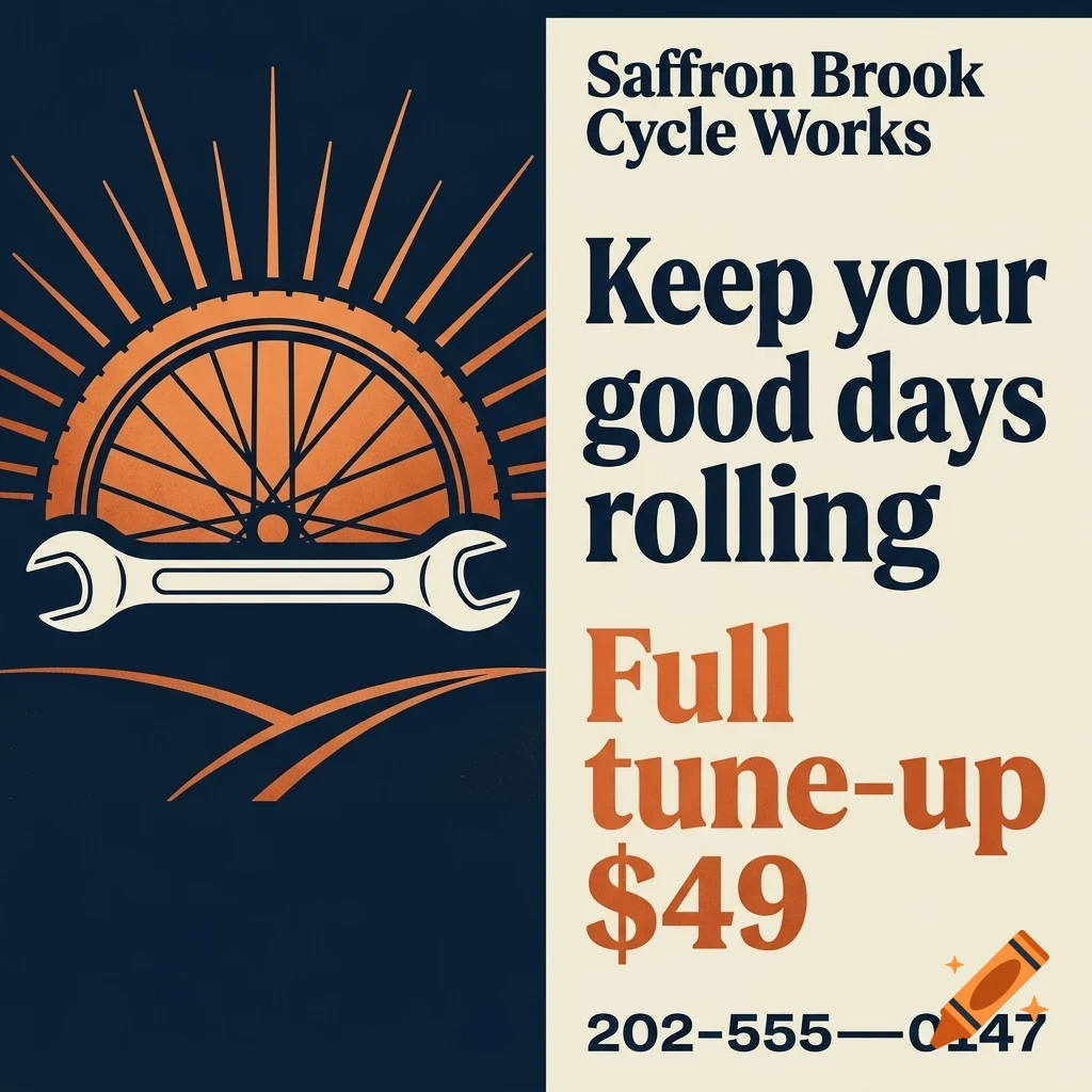 An advertisement for Saffron Brook Cycle Works featuring a bicycle wheel, wrench, and text reading Keep your good days rolling Full tune-up $49.