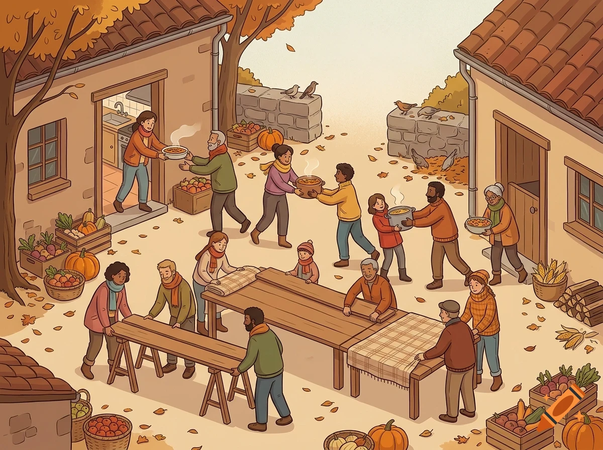An illustrated outdoor autumn scene with people setting up long tables and sharing hot food between rustic stone houses.