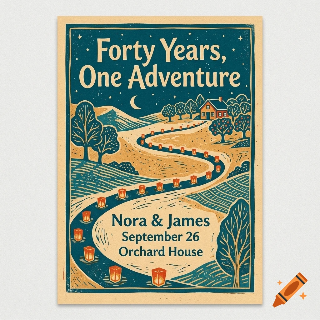 An illustrated poster depicting a winding road with glowing lanterns leading to a house, under a starry night sky with text.