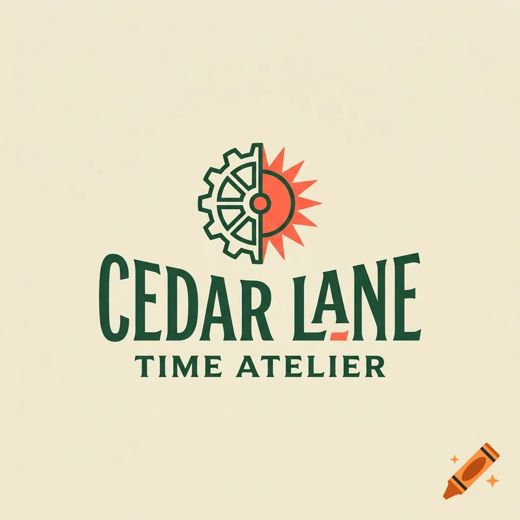 A logo featuring a combined gear and sun icon above the text Cedar Lane Time Atelier.
