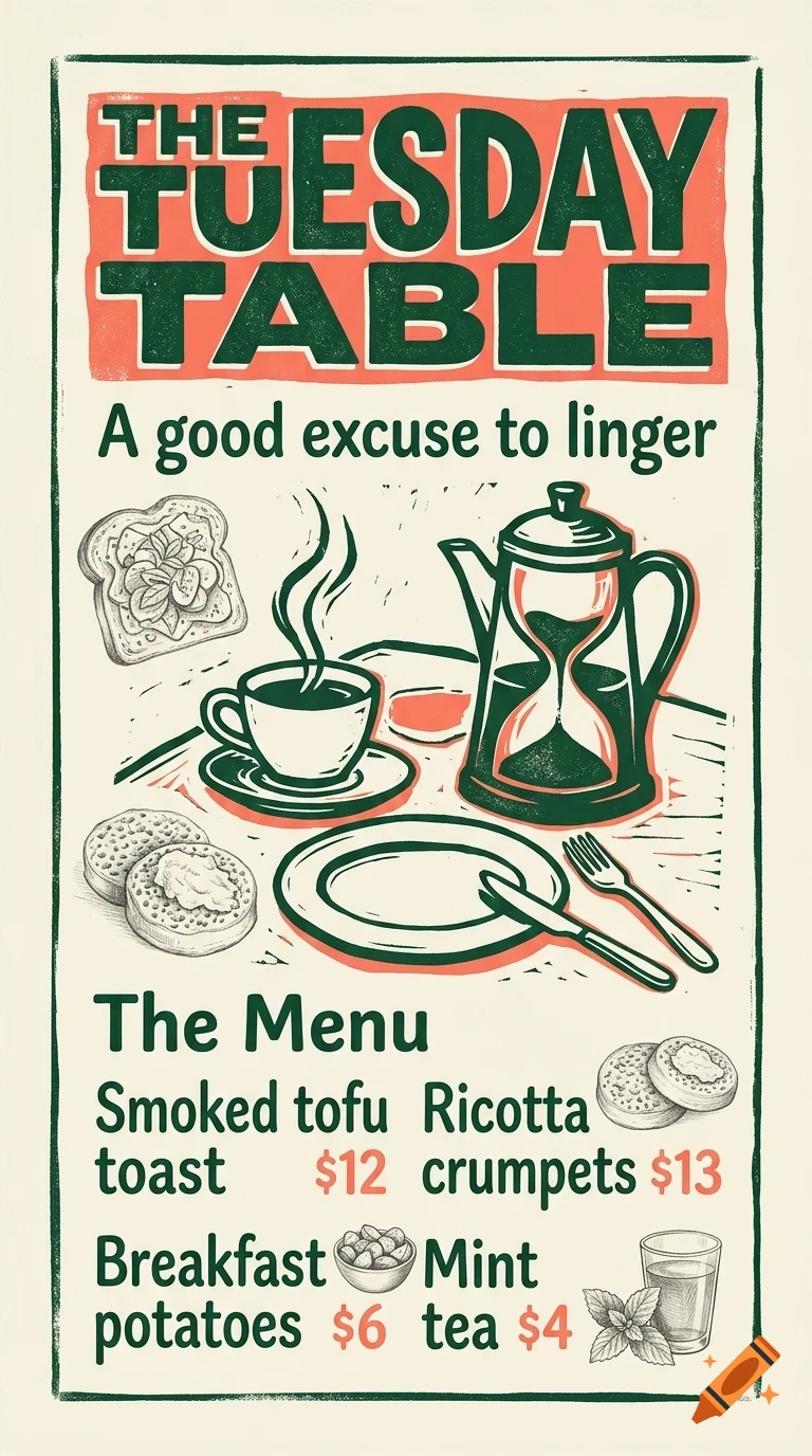 An illustrated restaurant menu titled The Tuesday Table featuring drawings of breakfast items, coffee, and a coffee press.