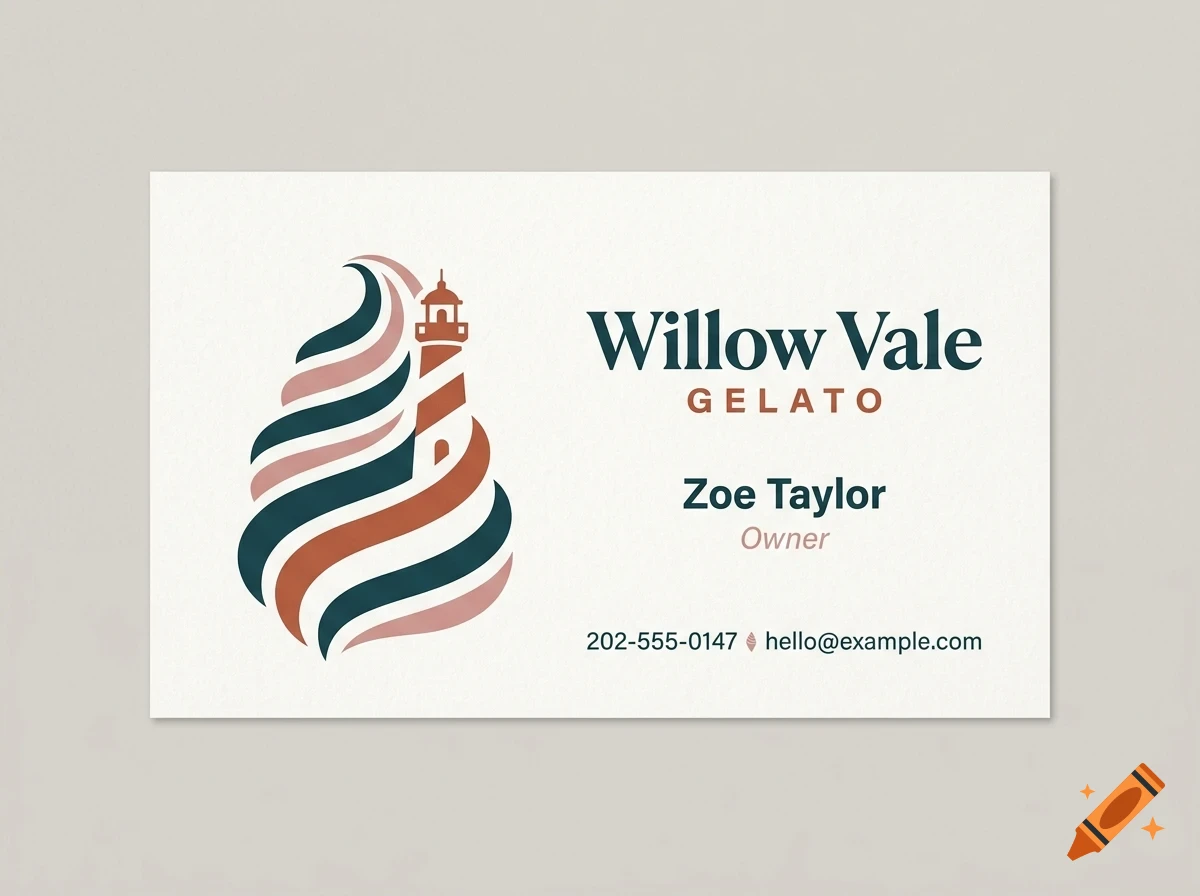 A business card for Willow Vale Gelato featuring a lighthouse and ice cream swirl graphic alongside contact details.