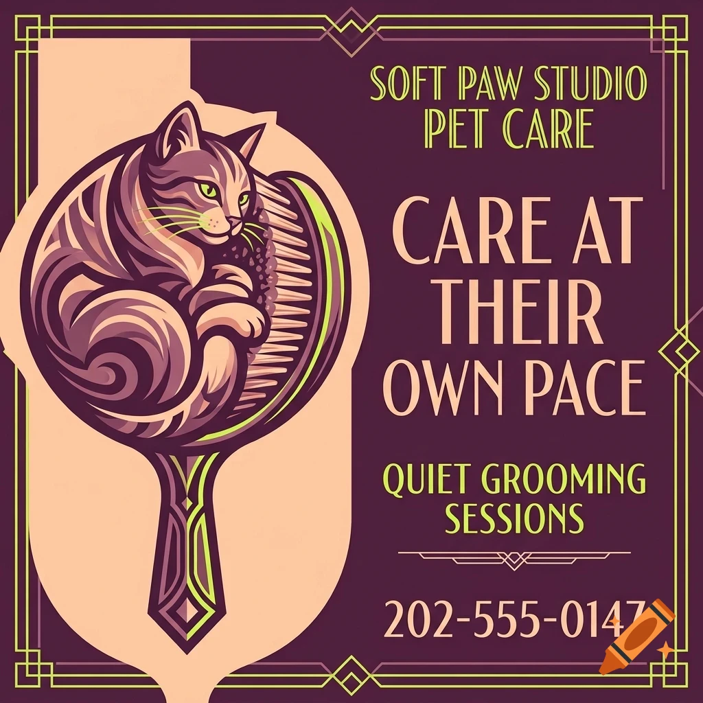 An illustrated poster for Soft Paw Studio Pet Care featuring a cat curled up inside a brush design with the text CARE AT THEIR OWN PACE.