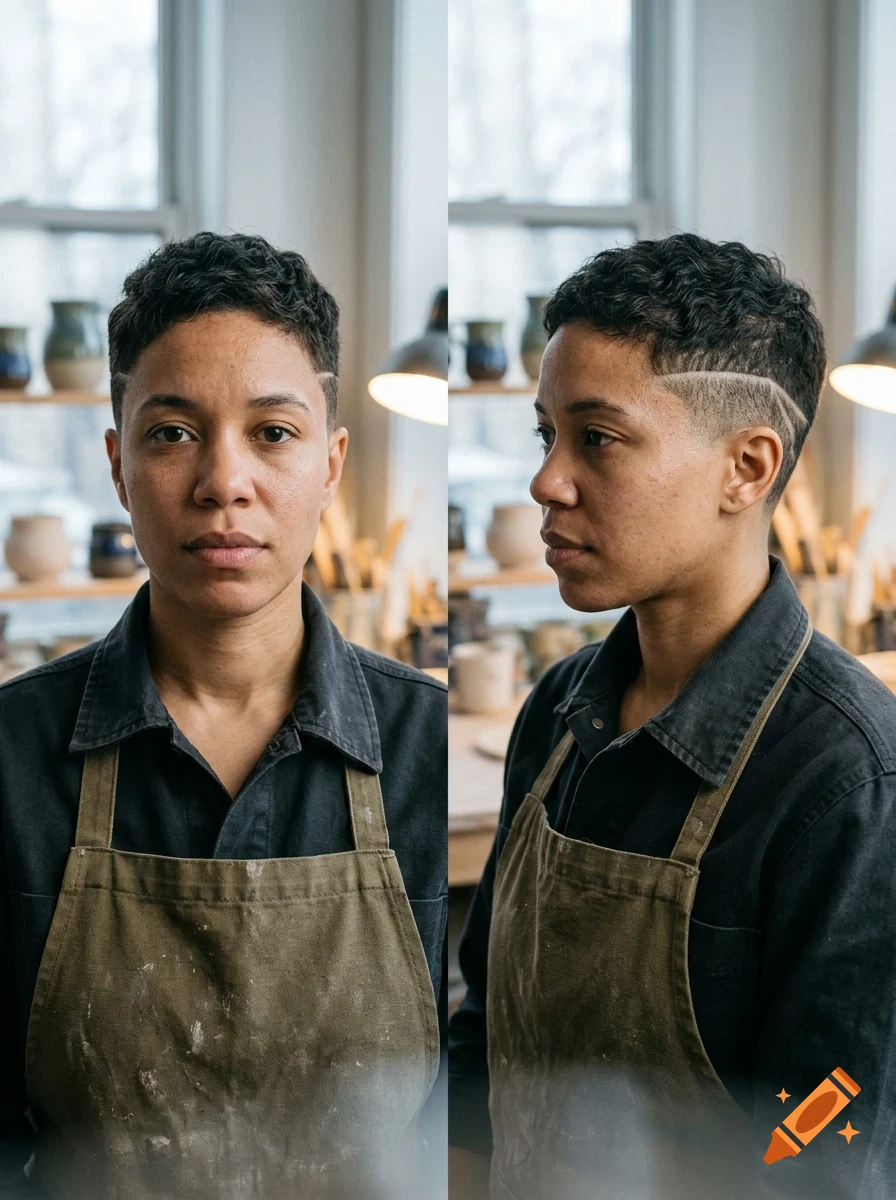 Portrait of a person with short curly hair wearing an apron in a pottery studio.