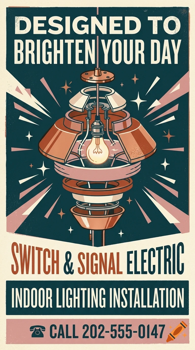 A vintage-style poster for Switch & Signal Electric showing an exploded diagram of a glowing light fixture with text Designed to brighten your day.