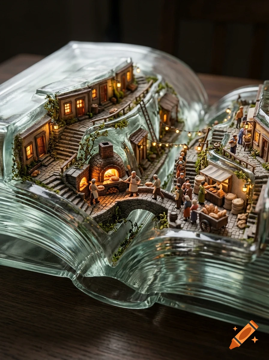 A miniature diorama built inside the pages of a large glass book, depicting a quaint European village with tiny buildings, bakers, and people walking on cobblestone streets.