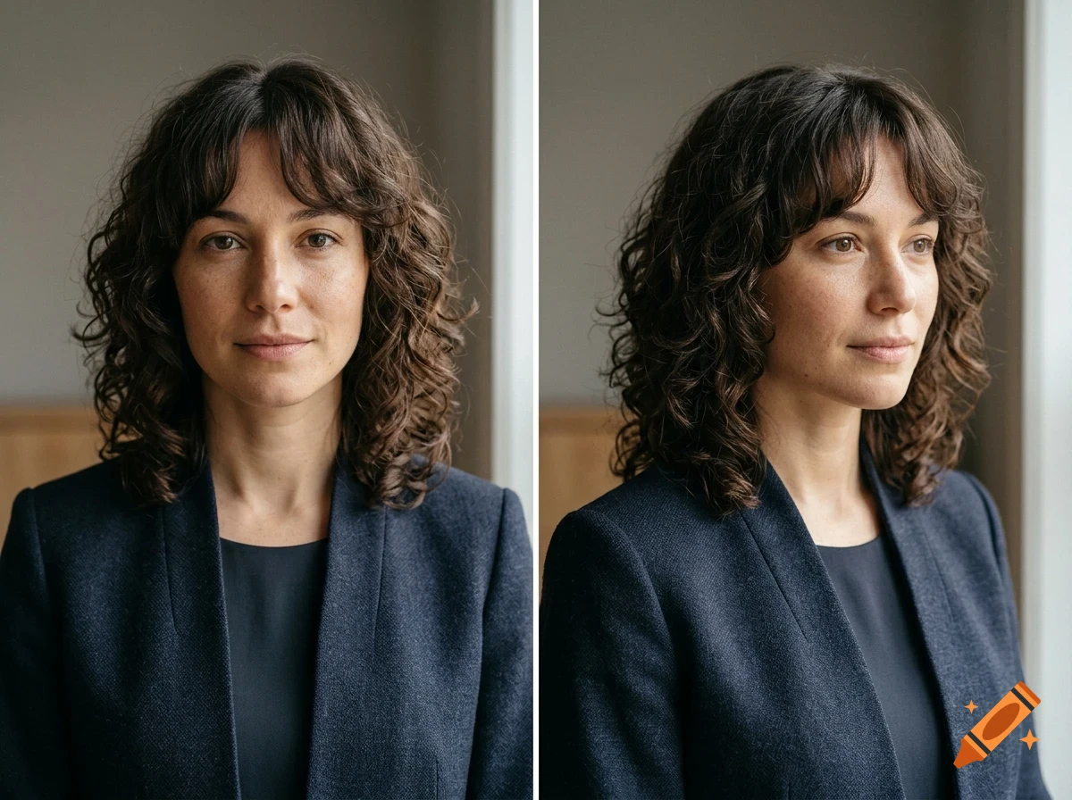 Two side-by-side portraits of a woman with shoulder-length curly brown hair and bangs, wearing a dark blazer.