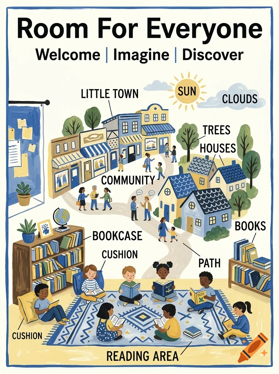 An illustrated educational poster titled Room For Everyone featuring children reading on a rug, a town with shops and houses, and labeled vocabulary words.