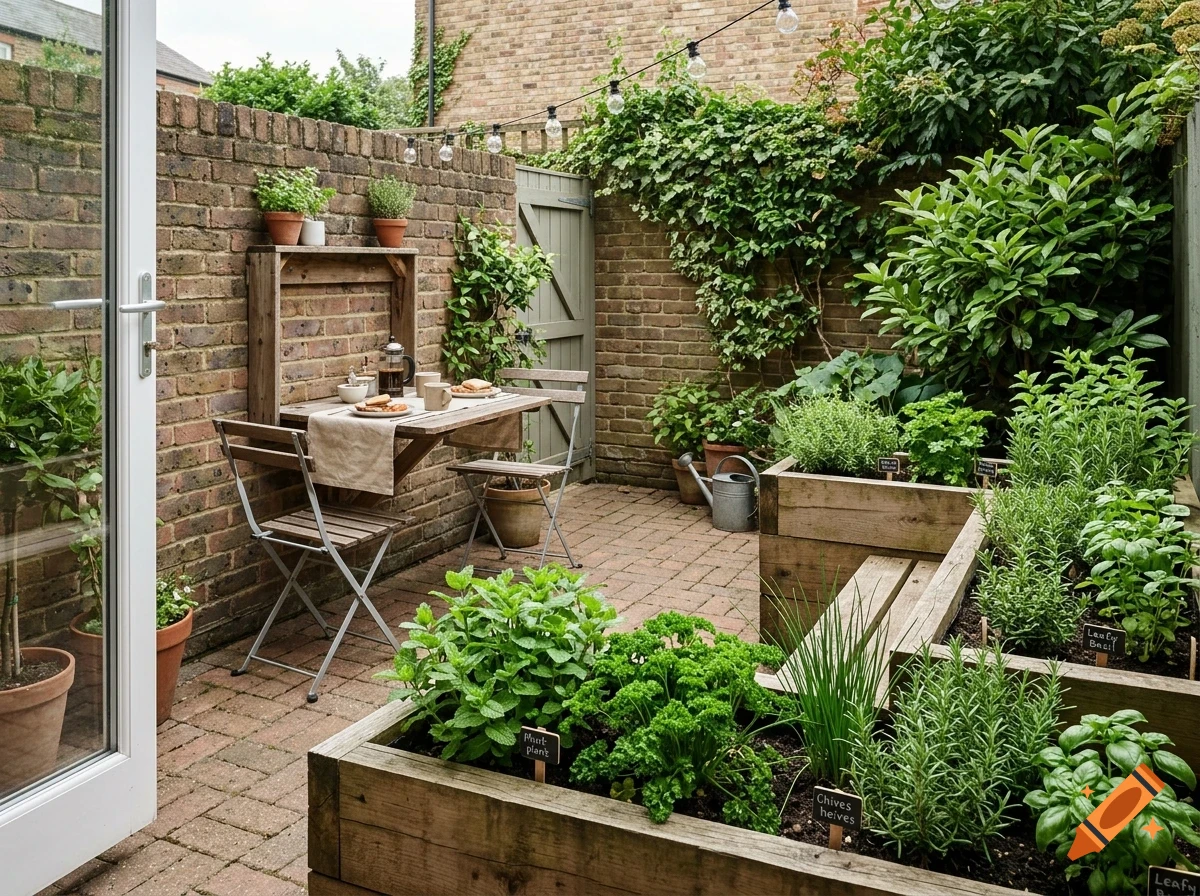 A small brick-paved courtyard garden featuring wooden raised planter beds filled with green herbs, a wall-mounted fold-down table with two chairs, and climbing vines on the brick walls.