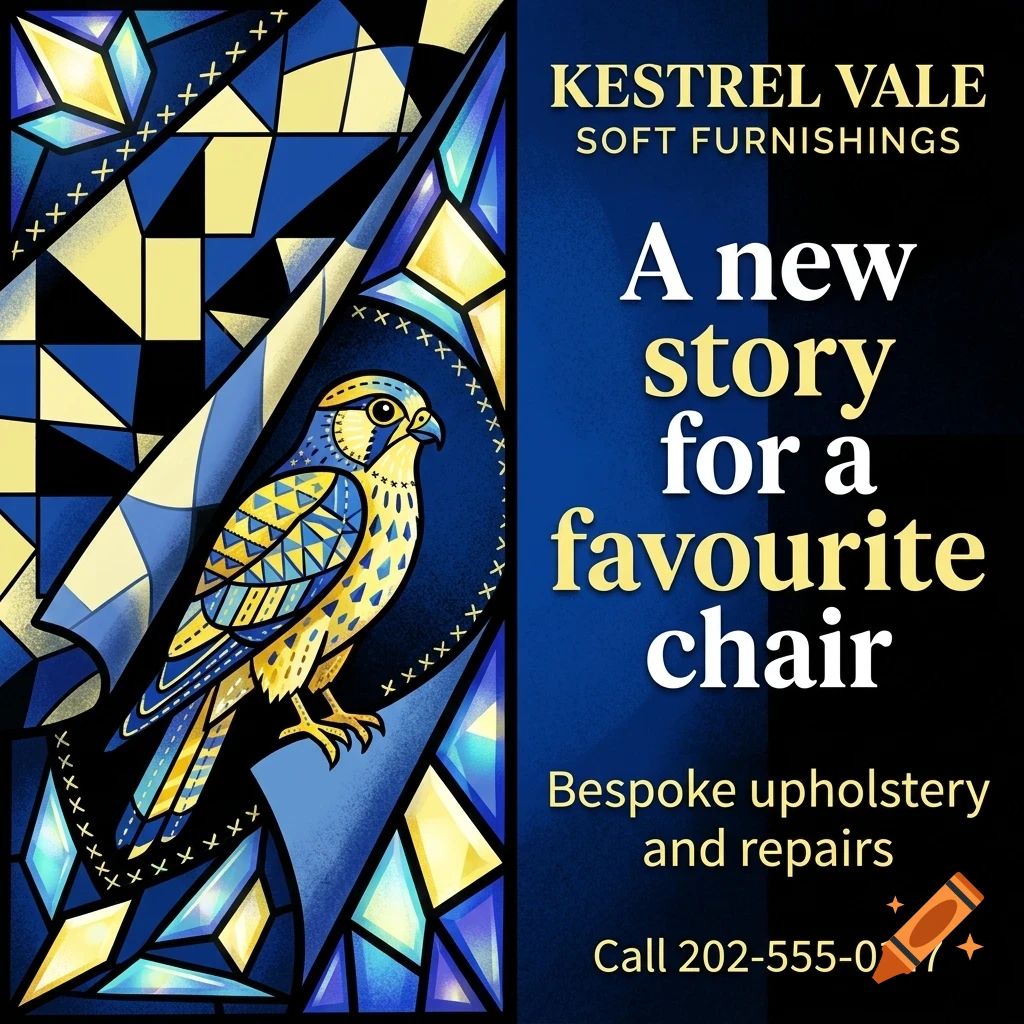 An advertisement for Kestrel Vale Soft Furnishings featuring a stylized blue and yellow kestrel bird illustration on the left and text on the right.