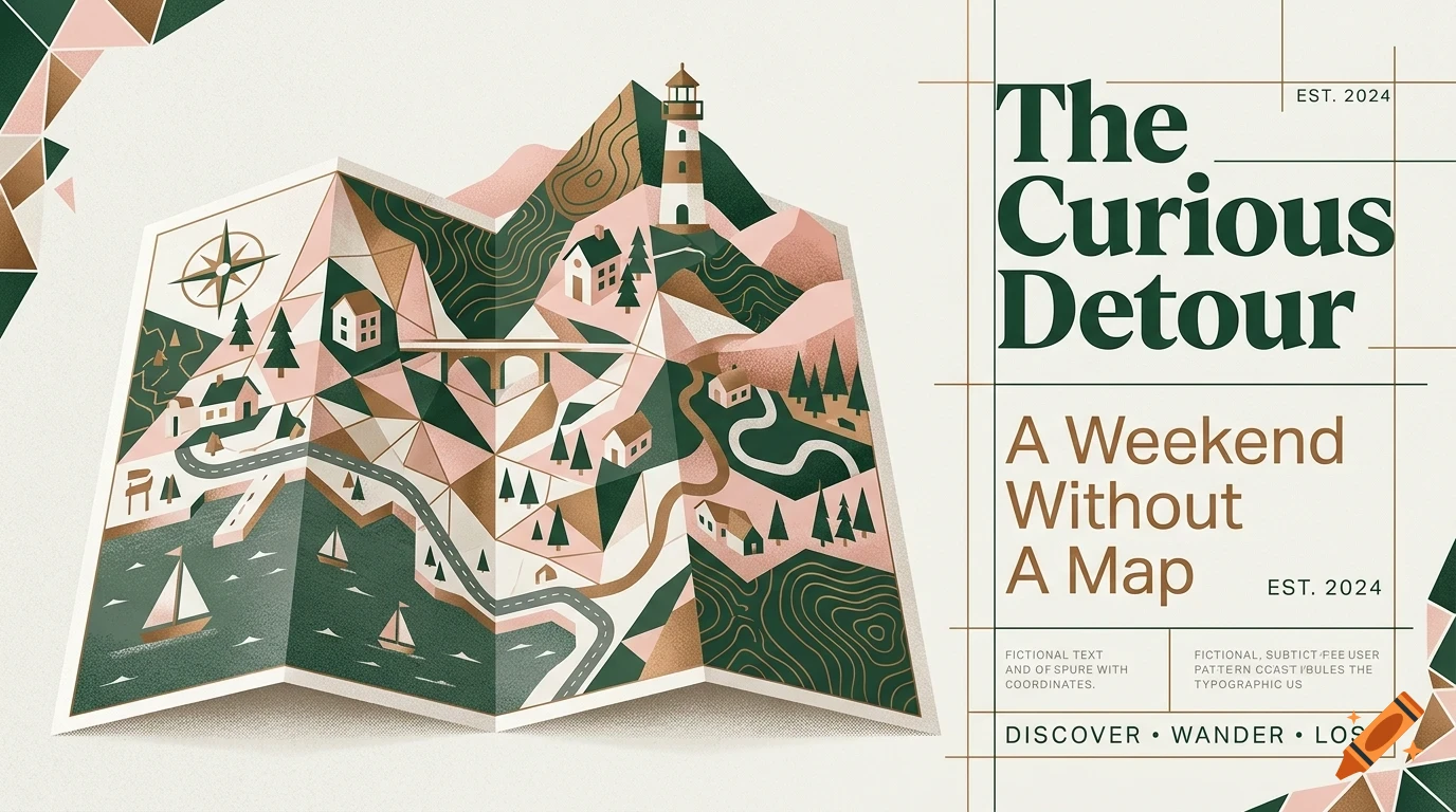 An illustrated foldout map with a landscape of mountains, houses, and boats, alongside the text "The Curious Detour - A Weekend Without A Map".