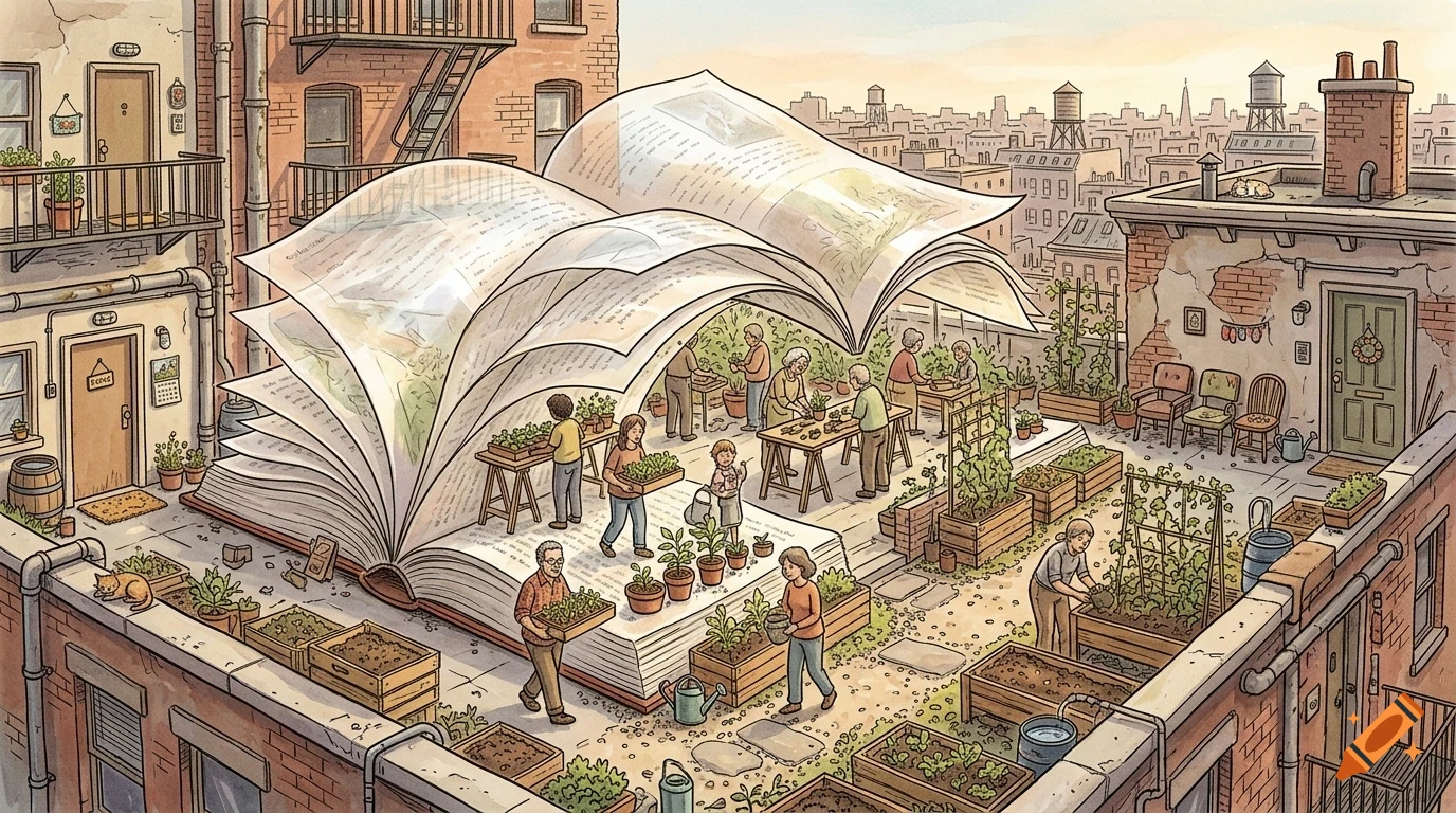 An illustrated rooftop garden built inside a giant open book, with people tending to plants and planters against a city skyline background.
