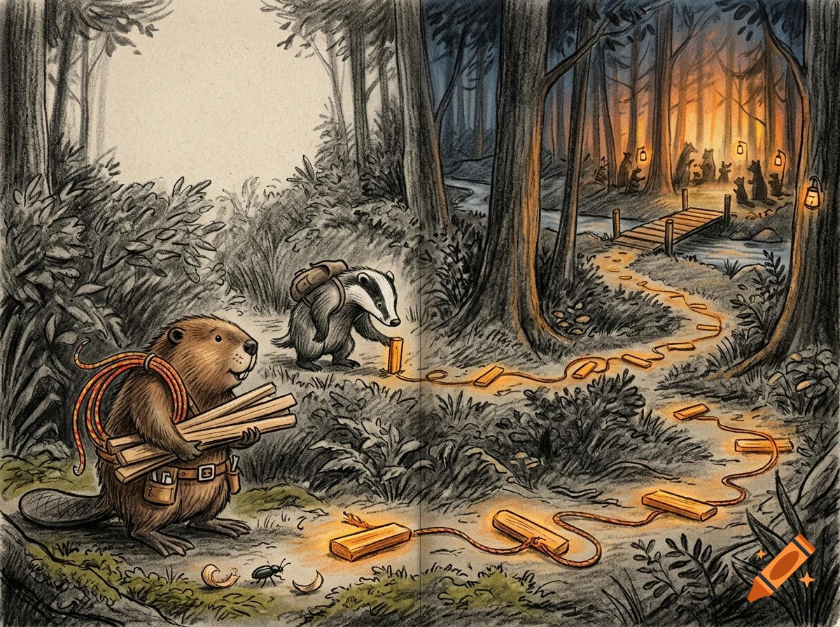 An illustrated woodland scene with a beaver carrying wood and a badger placing glowing blocks along a path leading to a gathering of animals in a forest.