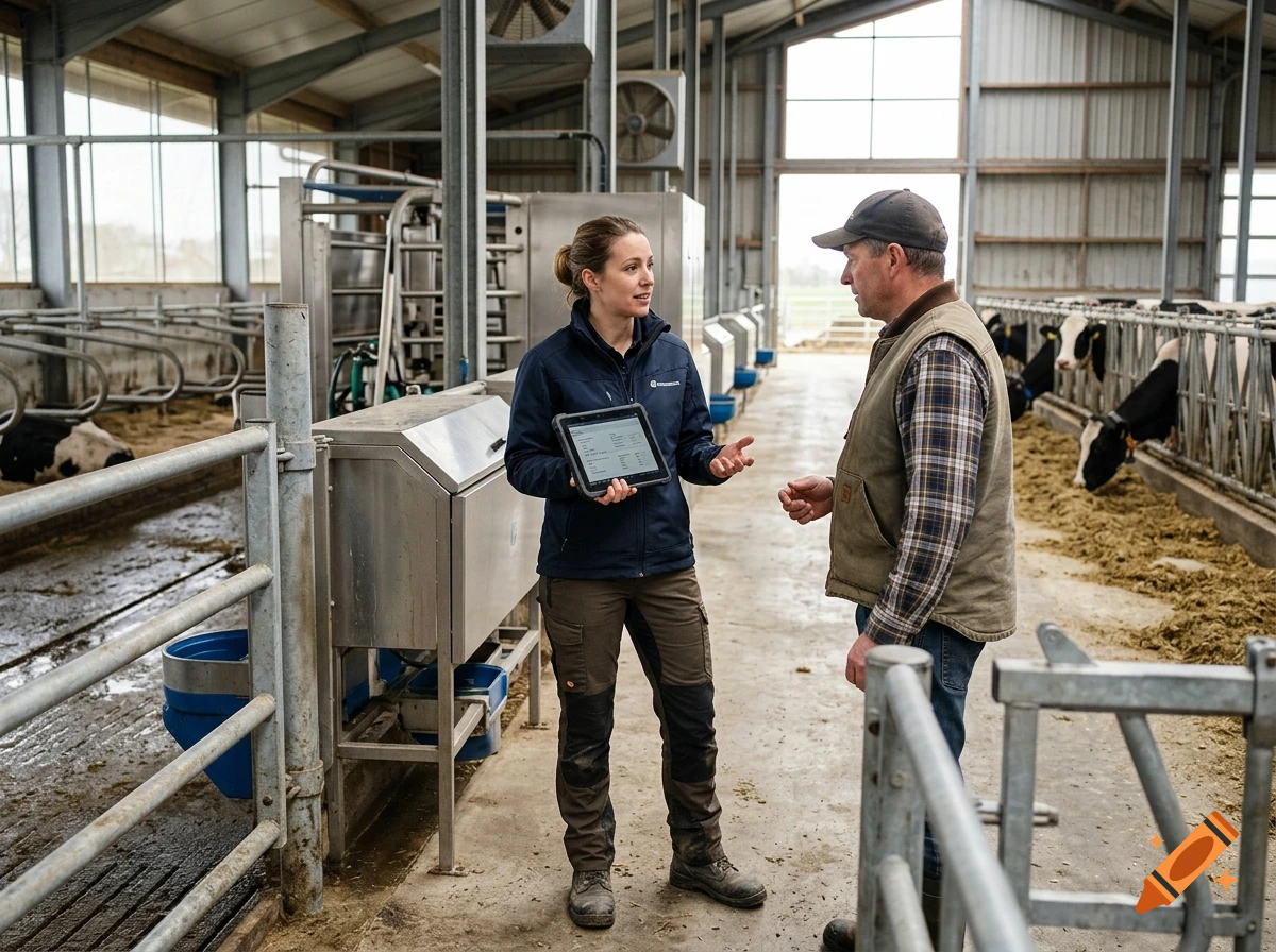 Photorealistic image of a female agricultural advisor holding a tablet while talking to a farmer in a modern livestock barn.