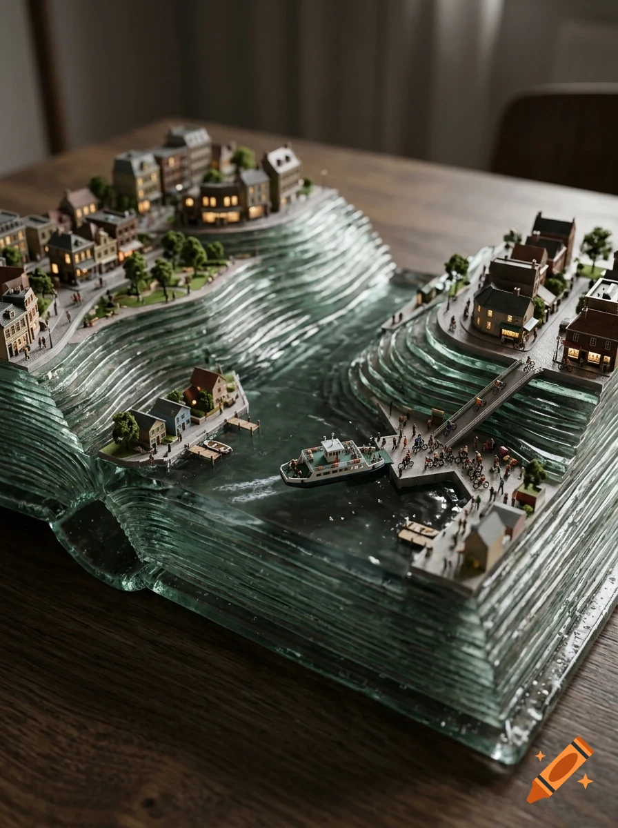 An intricate miniature diorama built inside a carved glass book sculpture, depicting coastal towns, tiered cliffs, a waterway with a boat, and tiny figures.