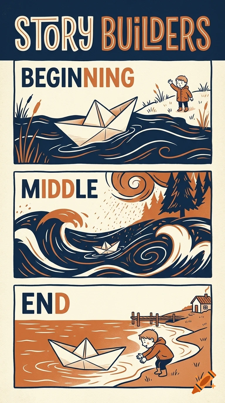 An educational poster titled Story Builders divided into three panels representing Beginning, Middle, and End, showing a boy and a paper boat.