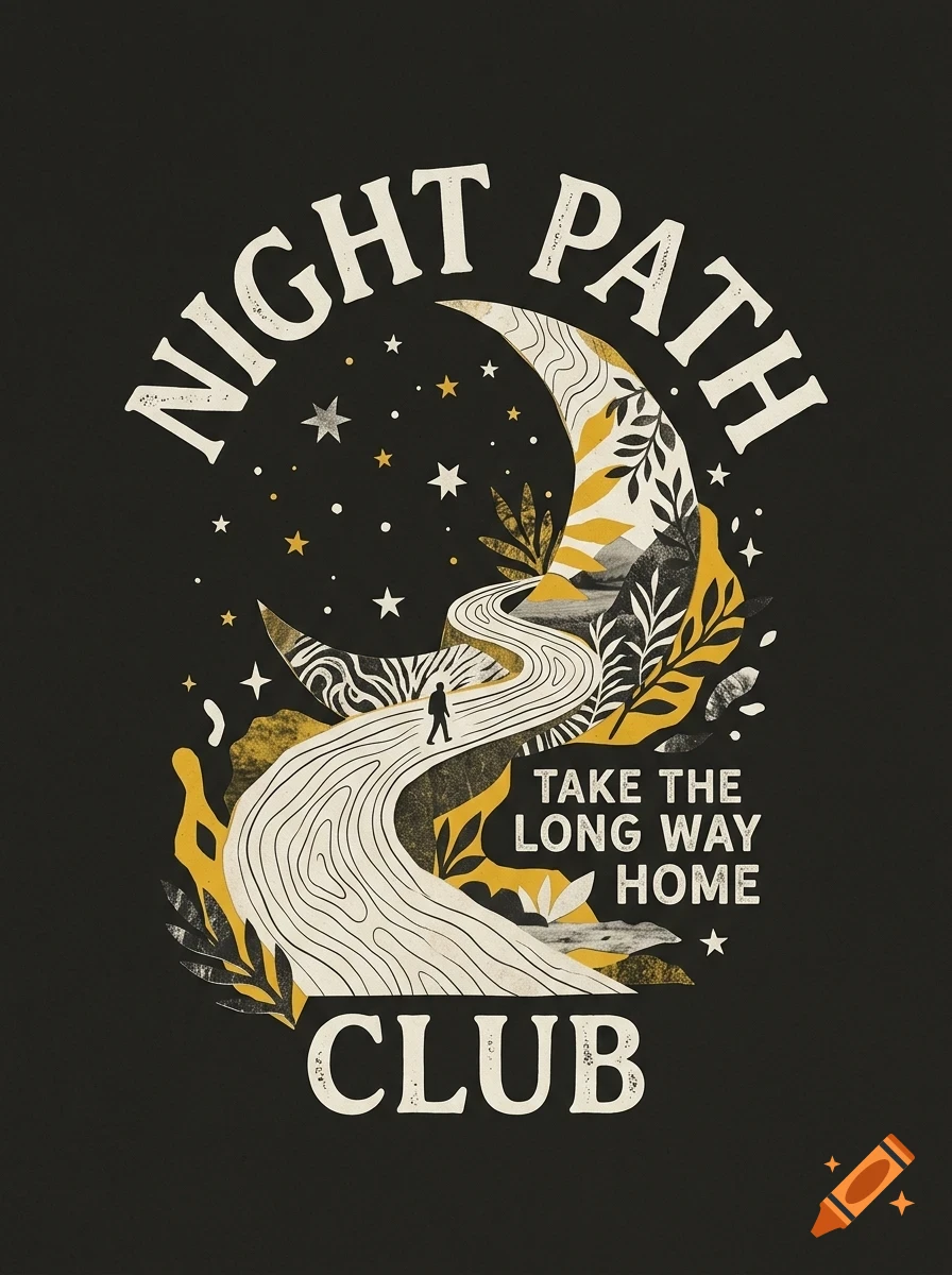An illustration of a person walking on a winding path under a crescent moon and stars, accompanied by the text 'Night Path Club' and 'Take the long way home'.