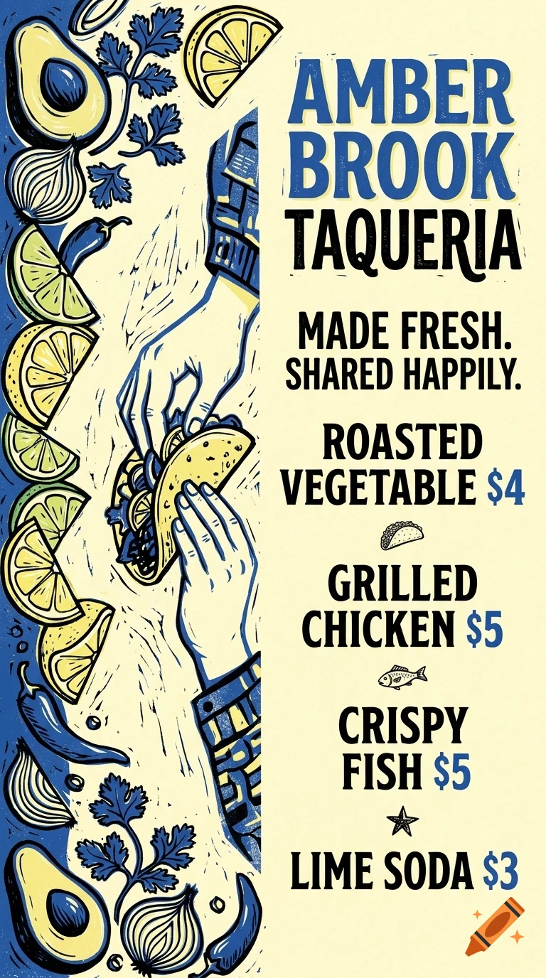 An illustrated menu poster for Amber Brook Taqueria featuring food items, prices, and decorative ingredients like limes, avocados, and cilantro in an ink and pencil style.