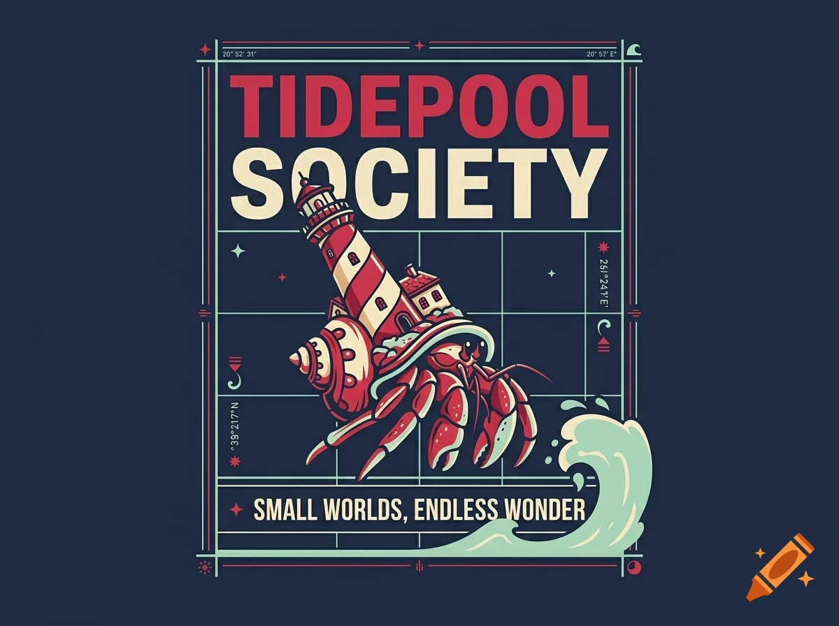 An illustrated graphic featuring a hermit crab with a lighthouse on its shell, accompanied by text reading TIDEPOOL SOCIETY and SMALL WORLDS, ENDLESS WONDER.